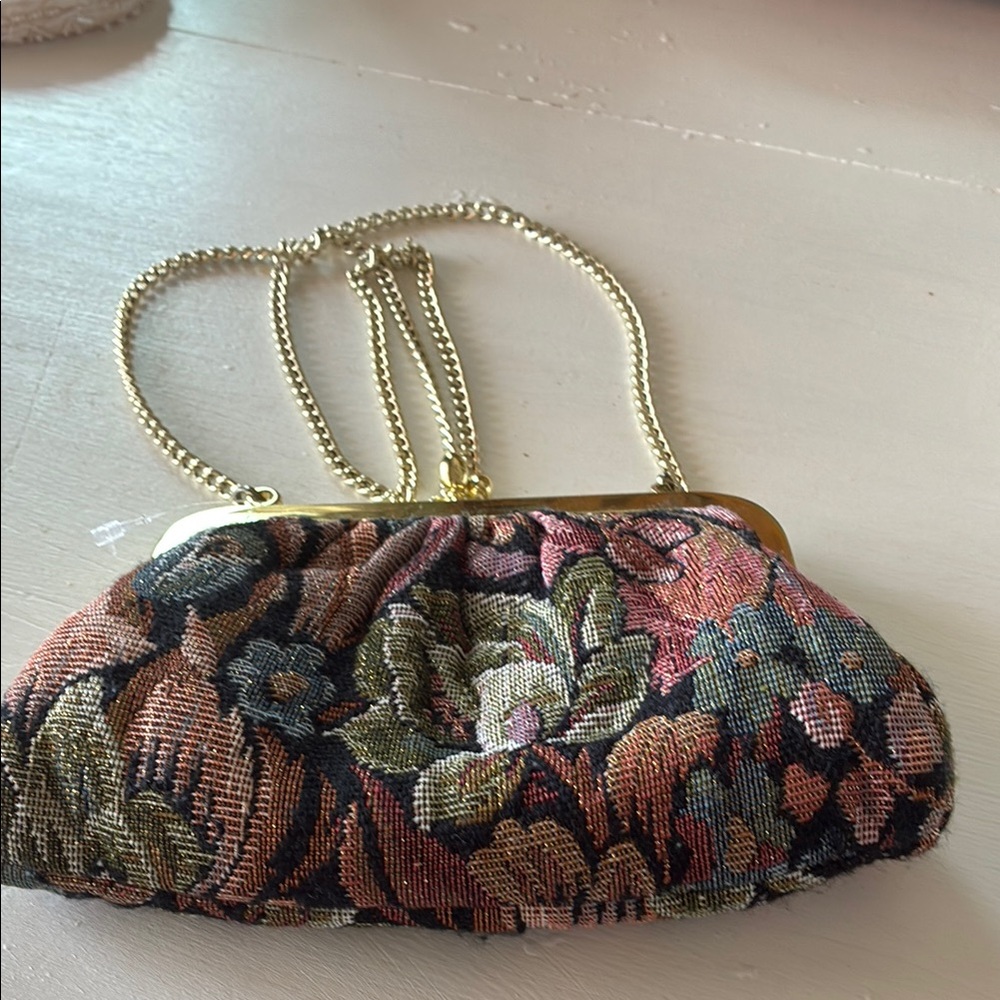 Floral Tapestry Clutch with Gold Chain